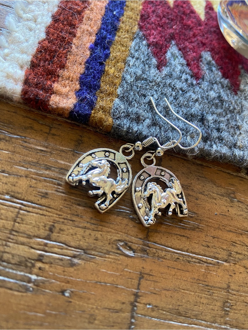 Silver Horseshoe & Galloping Horse Dangle Earrings